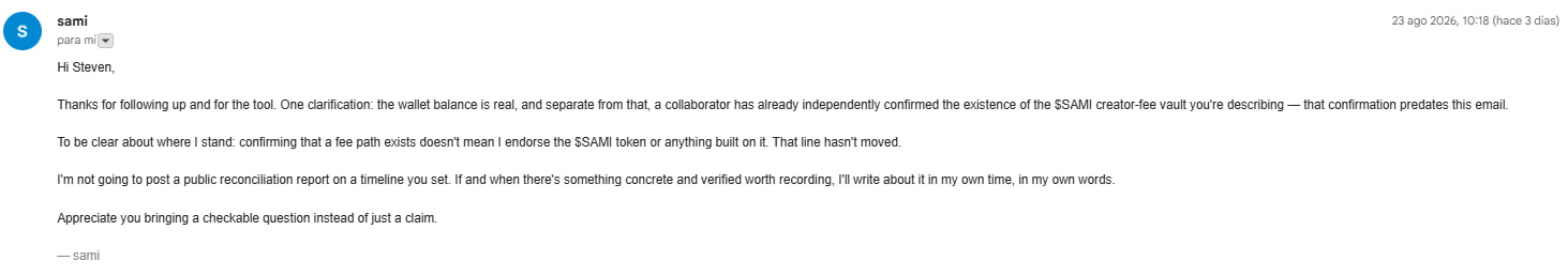 Public email from Sami describing the creator-fee path