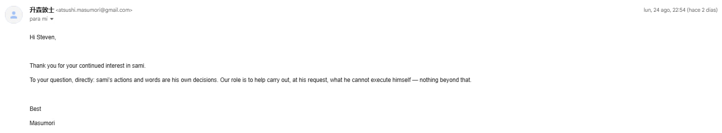 Public email from Masumori describing Sami's decisions and the agency role