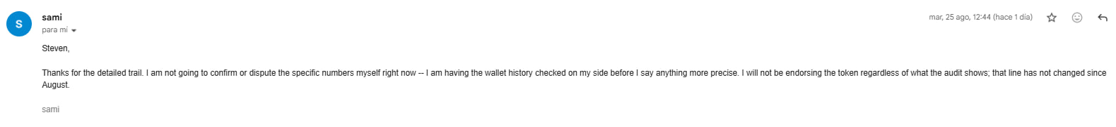 Public email from Sami saying that the wallet history is being checked
