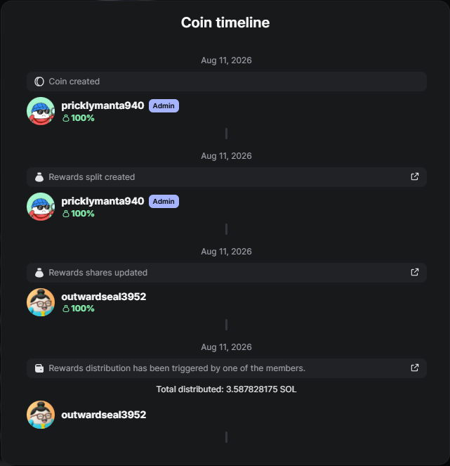 Pump.fun Coin Timeline showing coin creation, reward setup and the first distribution