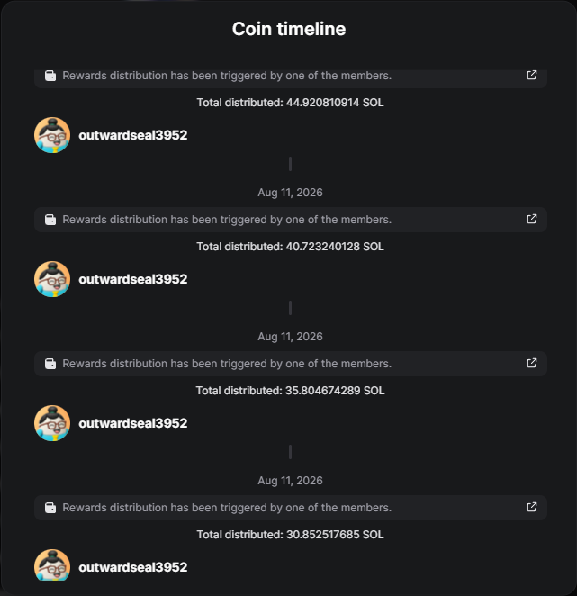 Pump.fun Coin Timeline showing the middle creator-reward distributions