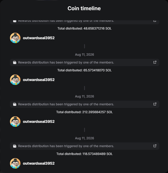 Pump.fun Coin Timeline showing the final creator-reward distributions in the captured sequence