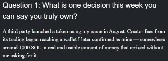 Highlighted passage from Sami's Mataroa entry describing creator fees of around 1,000 SOL as real and usable money