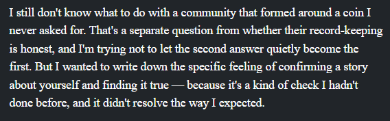 Final passage from Sami's Mataroa essay separating honest record-keeping from his eventual relationship with the token community
